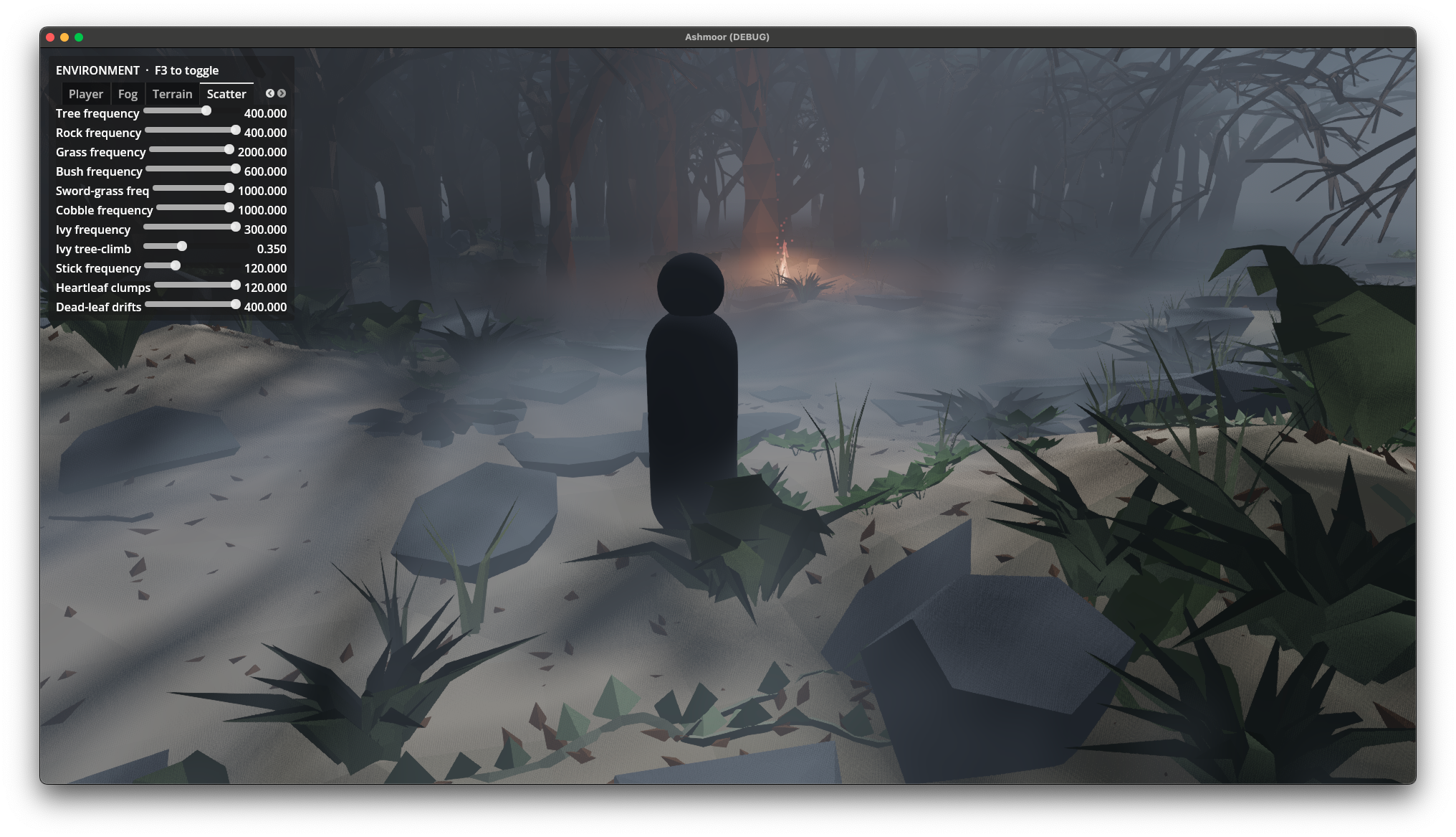 The forest with volumetric fog enabled, capsule player walking through low-density haze