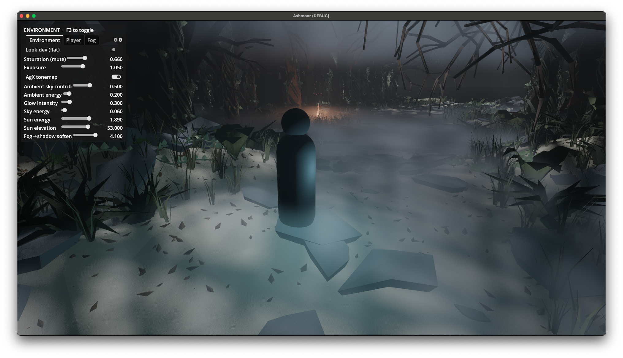The forest with ground mist added, a flat-topped pool of fog around the capsule's feet