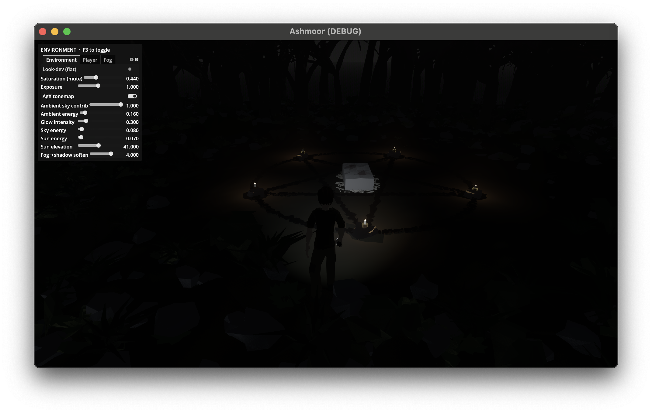 A nighttime clearing with a small stone altar ringed by lit candles, the player approaching in silhouette