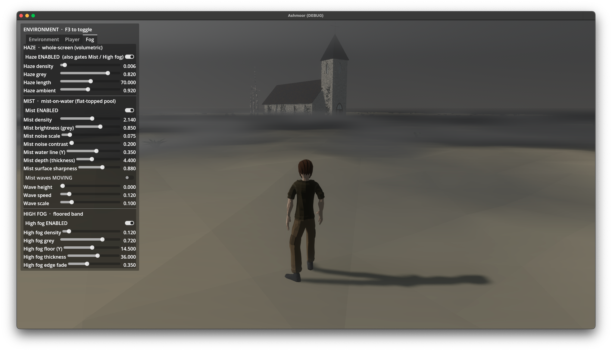 The church standing on an open foggy plain in daylight, no trees around it, a few wisps of haze