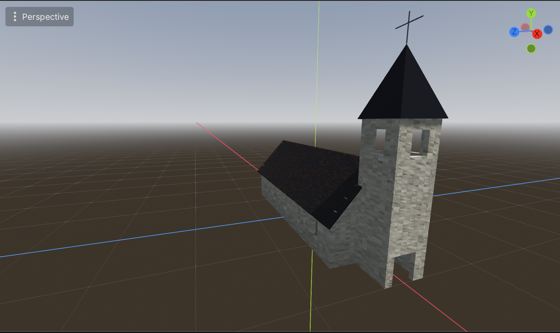 A small stone church with a black-tiled roof and a steeple cross, sitting on a flat editor grid