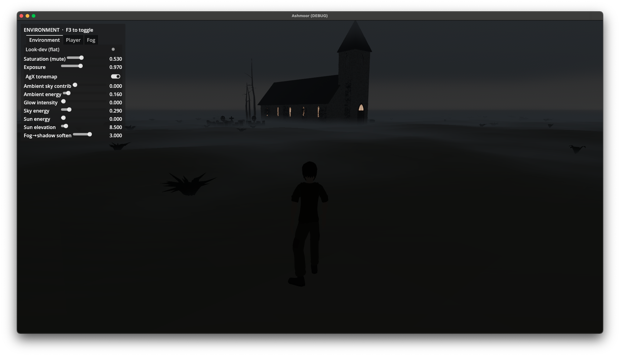 The church on the plain at night, only its black silhouette visible against a slightly lighter sky