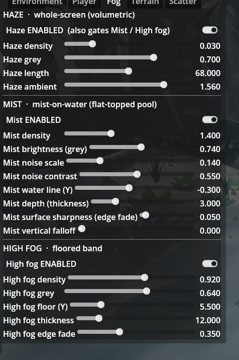 The environment dev panel showing haze, mist and high-fog sliders