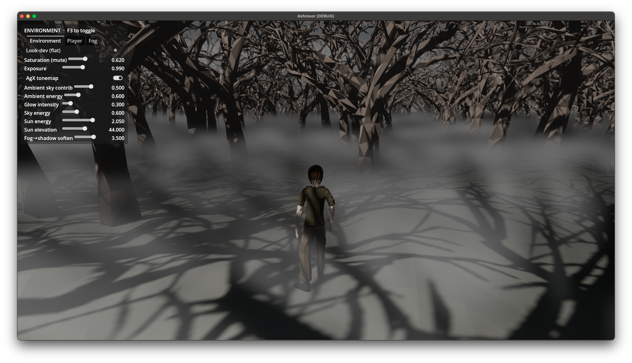 A dense field of bare-branched dead trees with the player walking through thick low mist
