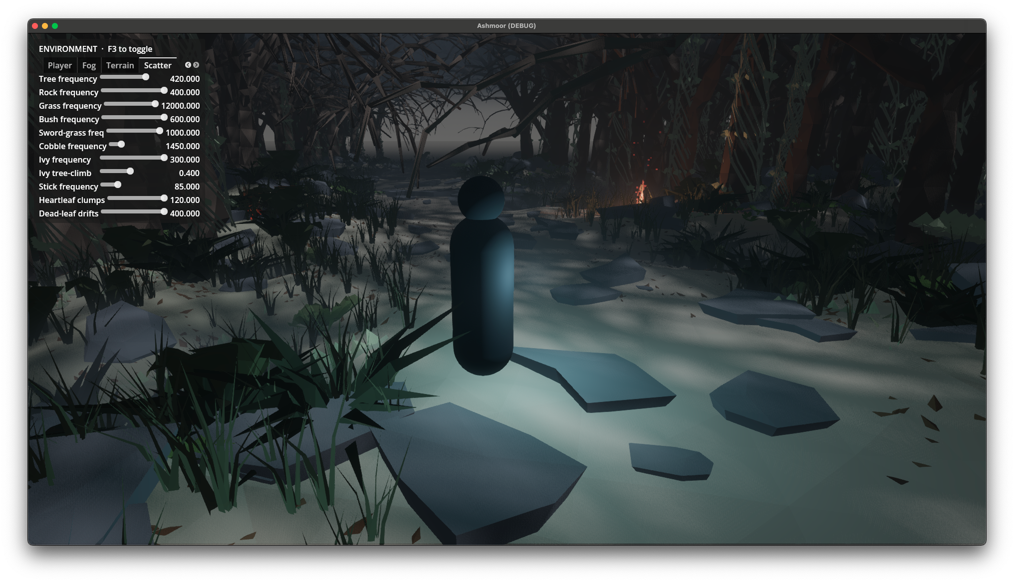 The first rendered view: a capsule player among low-poly faceted trees, bright daylight, no fog