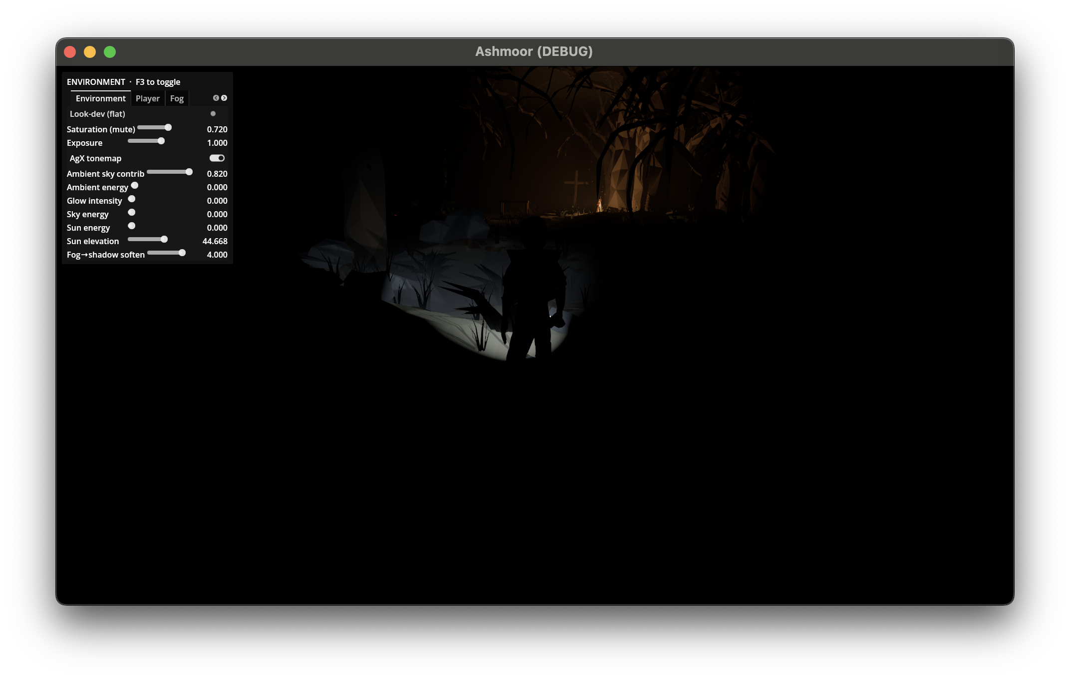 A near-pitch-dark scene with a faint glow on a stone crucifix in the middle distance, dev panel open