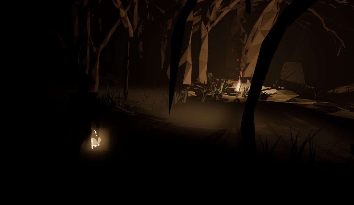 A pitch-dark forest at night with a small lantern flame in the foreground and a campfire glow in the distance
