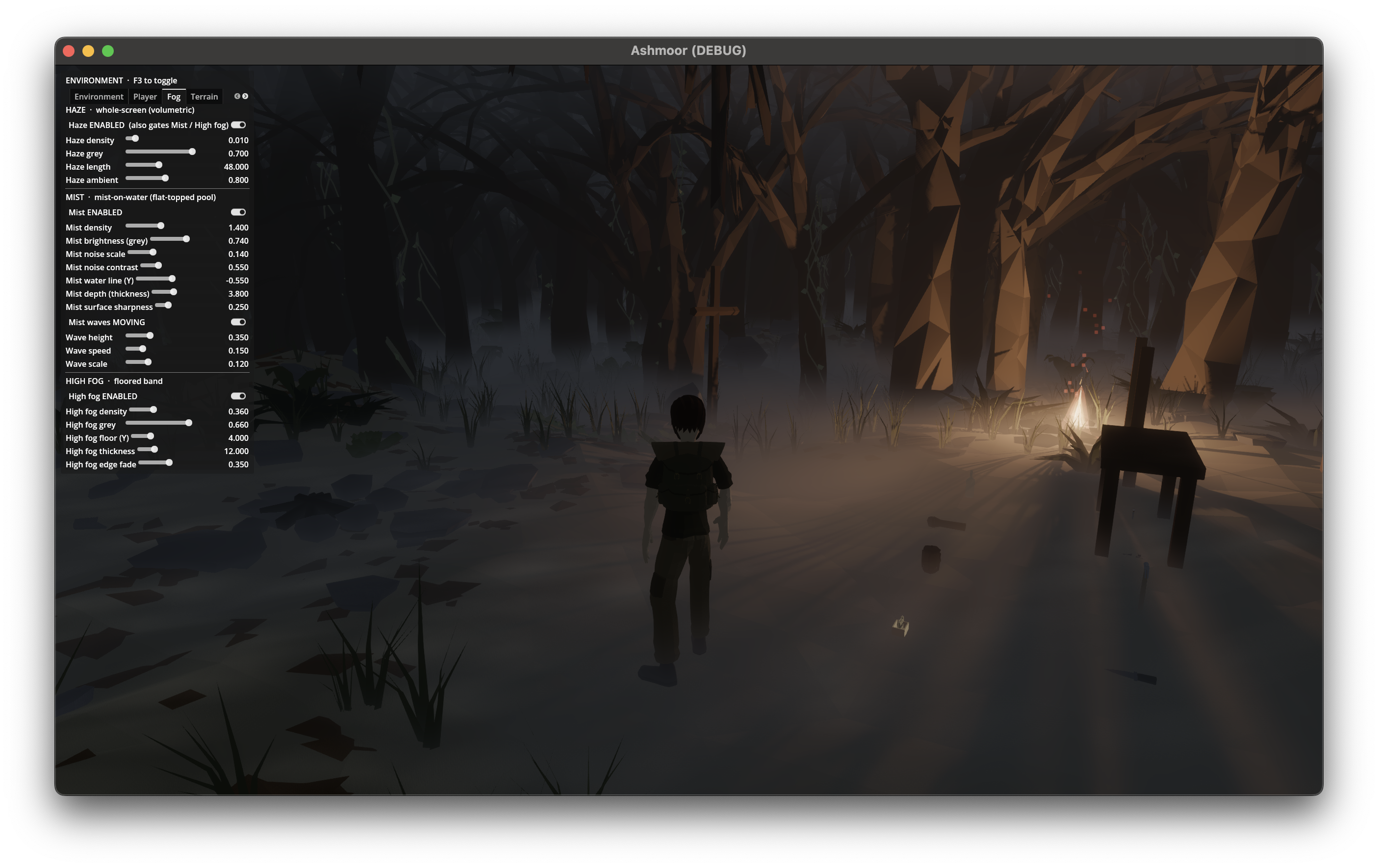 Forest scene with multiple props placed around, environment panel open