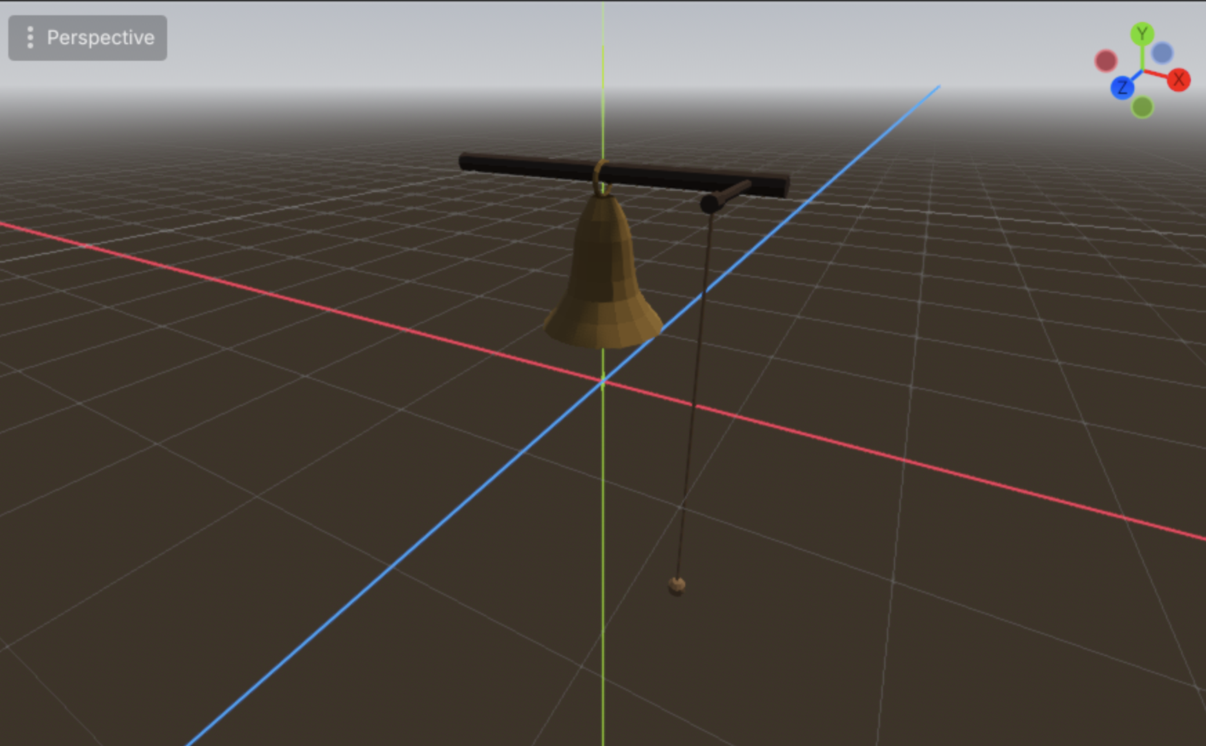 A small bronze church bell on a wooden yoke, low-poly faceted