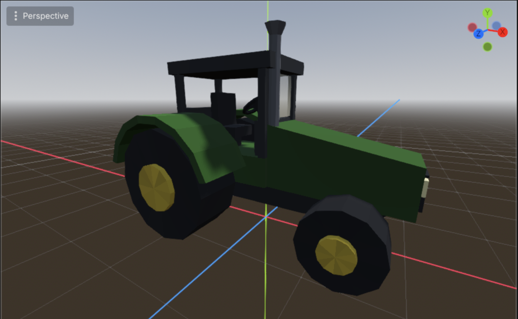 A low-poly faceted tractor in the editor, faded paint, big rear wheels and a small enclosed cab