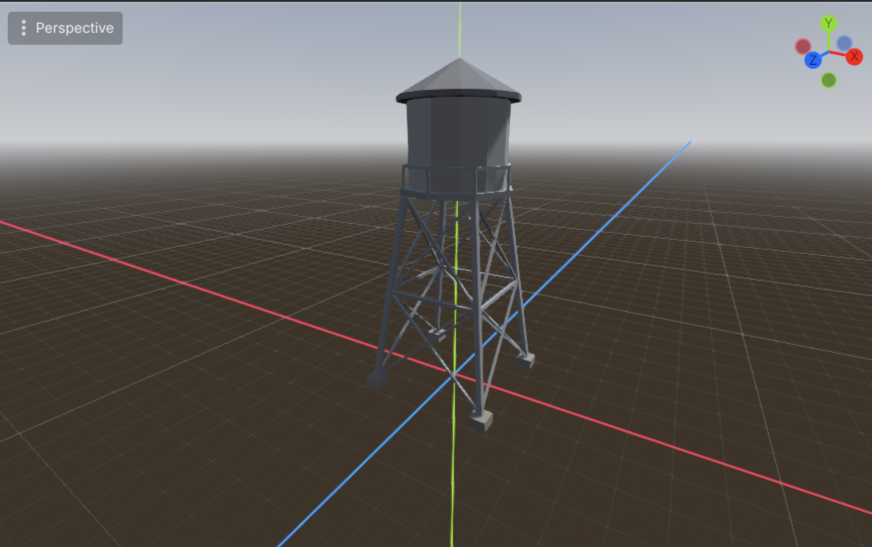A wooden-legged elevated cylindrical water tower with a conical top, low-poly faceted