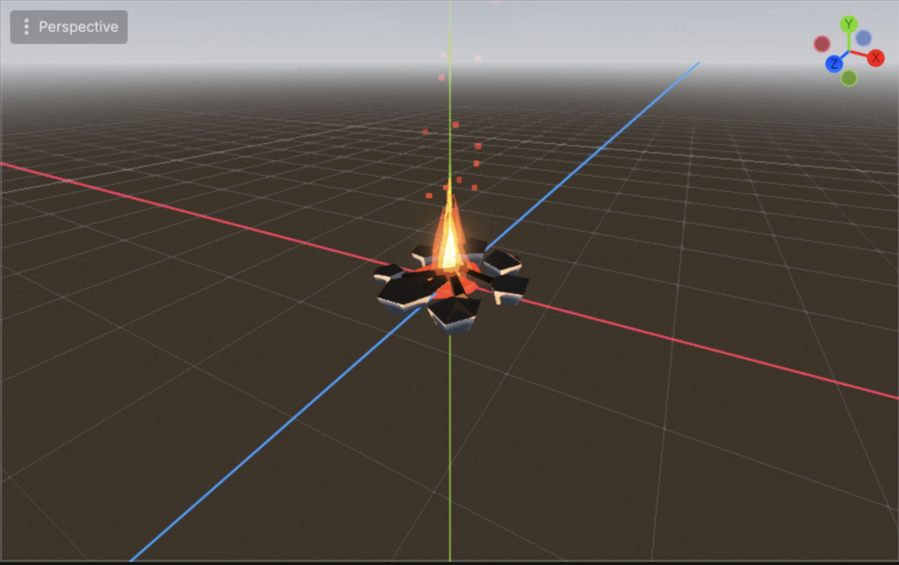 A ring of stones with crossed logs burning, flame in the centre, faceted low-poly