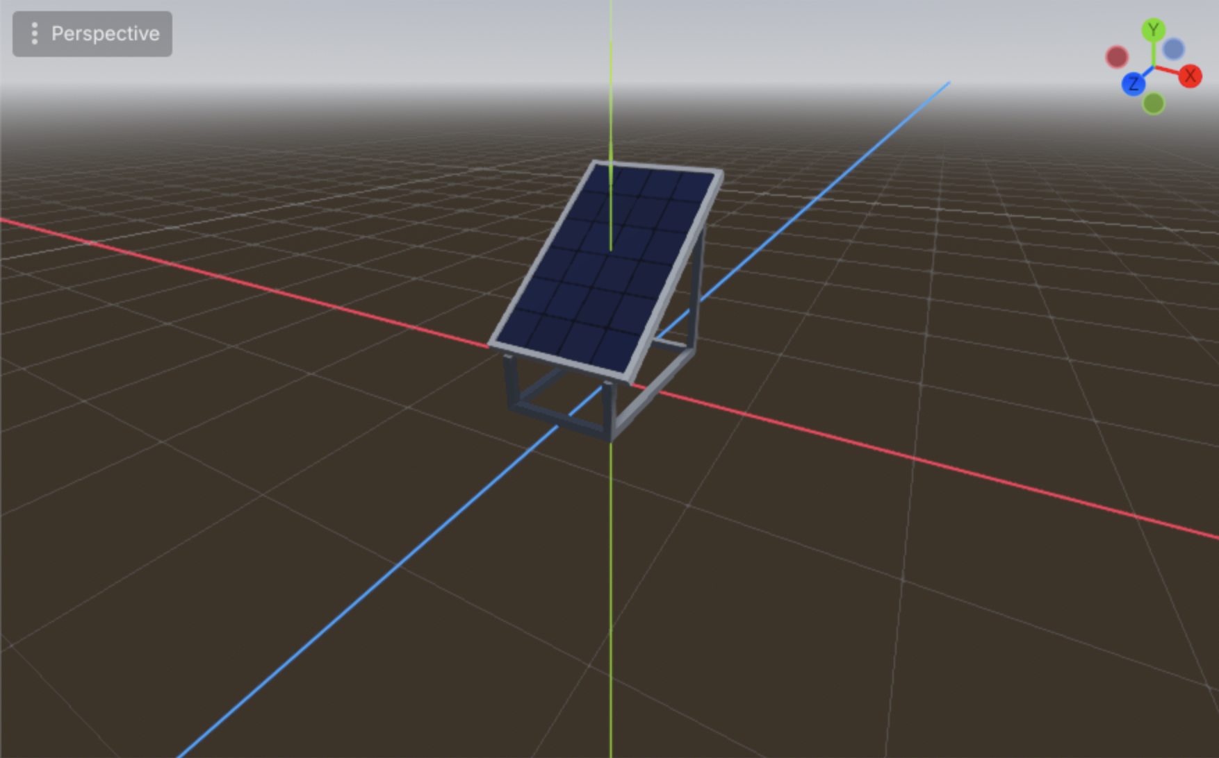 A small ground-mounted solar panel on a steel frame, dark glass face