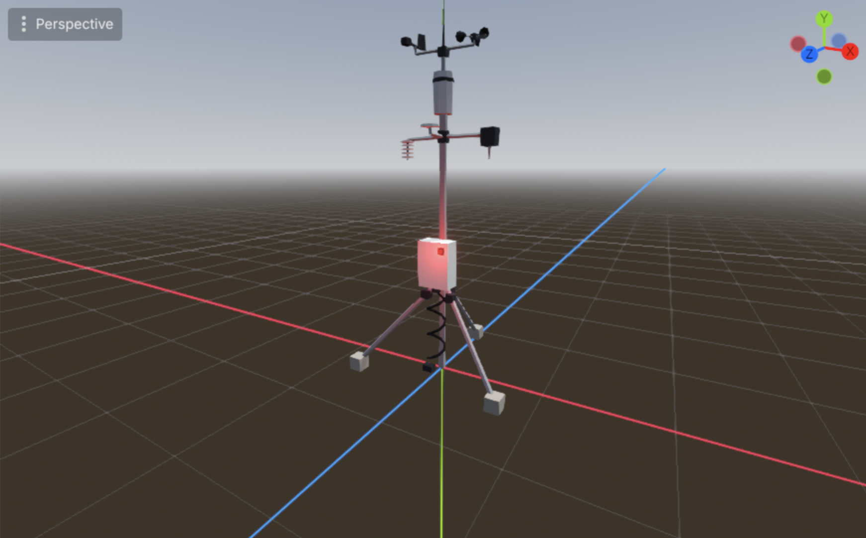 A small tripod weather station with anemometer cups and a wind vane, on a metal pole