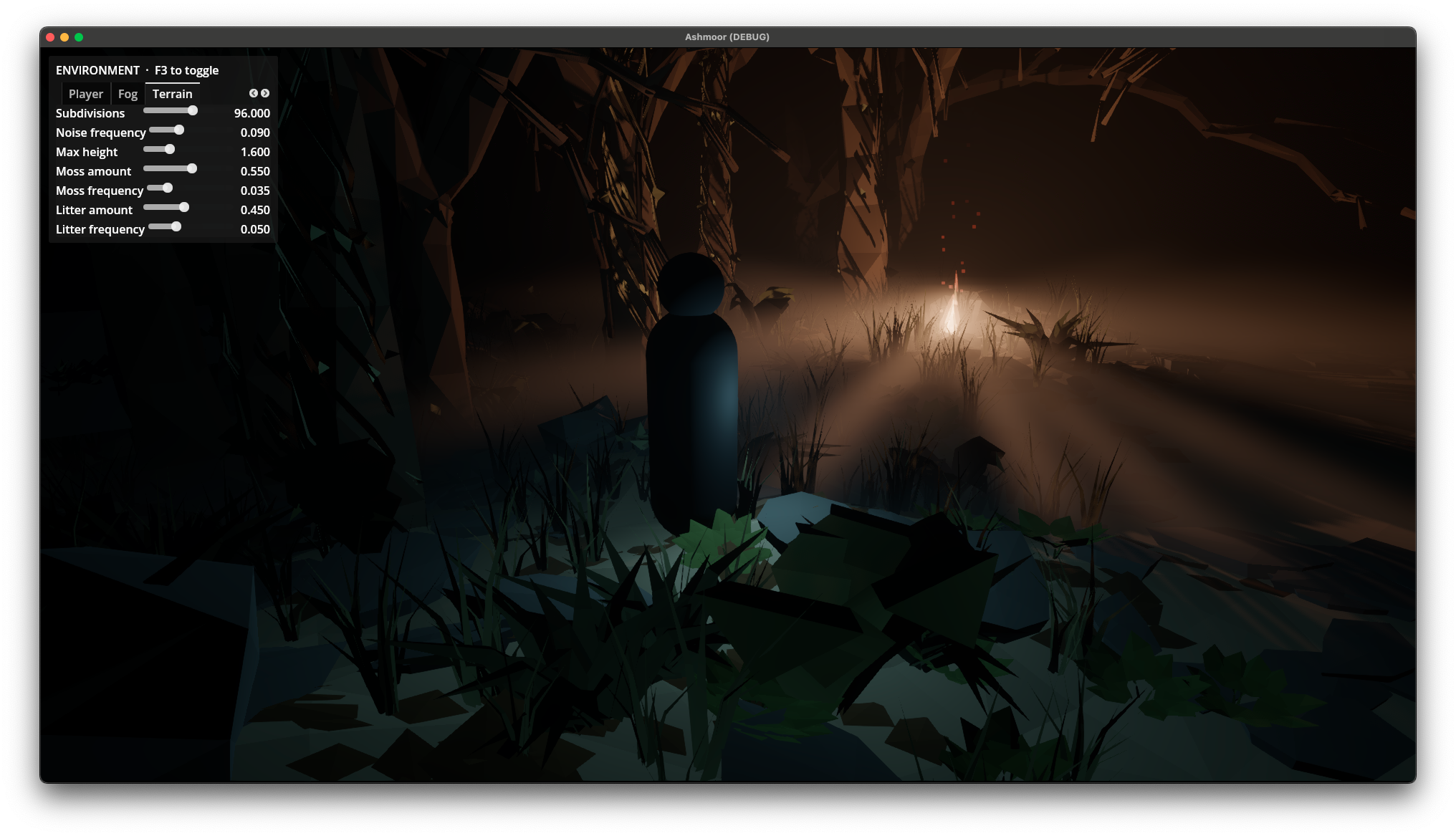 The same scene at night with a single distant campfire glow