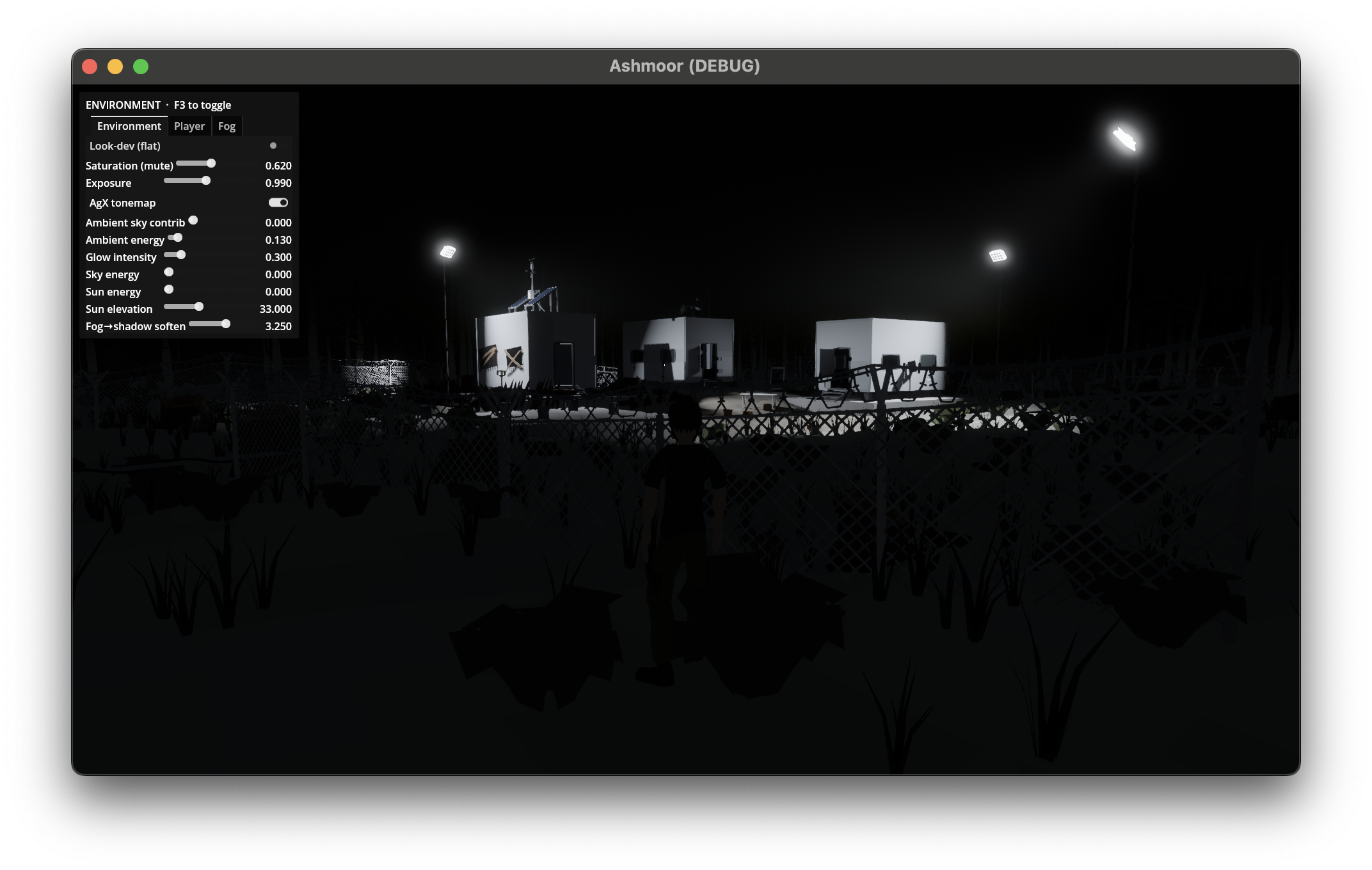 The outpost at much darker night settings, modules just visible, floodlights tiny pinpricks