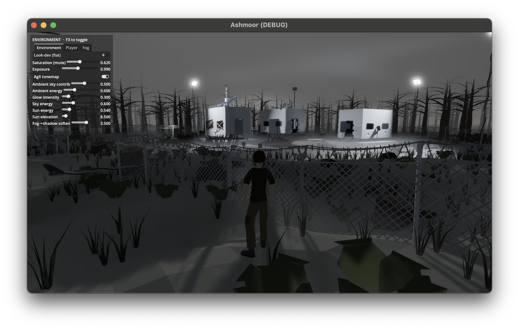 The outpost in daylight: white-painted prefab modules behind chain-link, sparse dead grass scatter