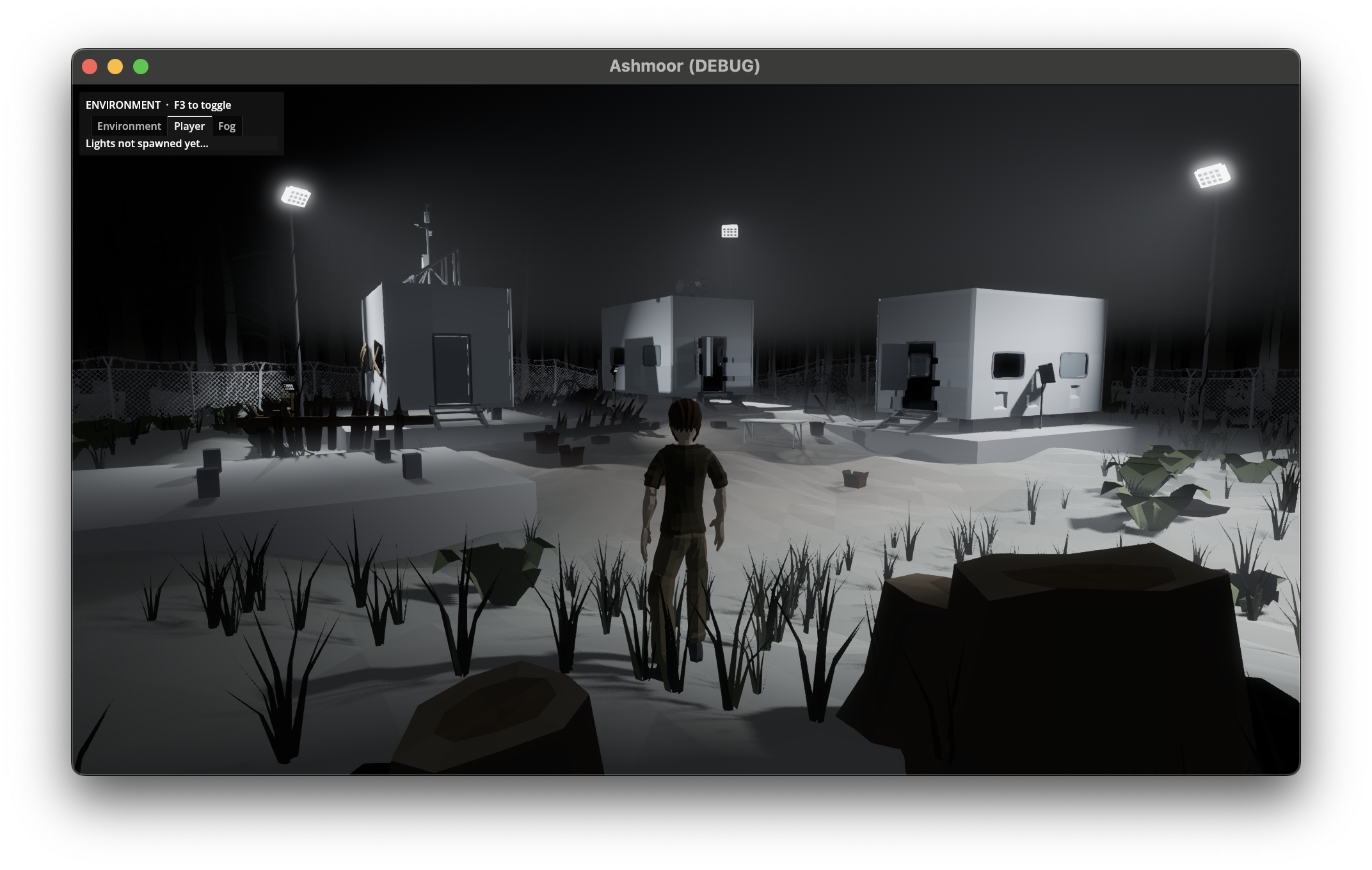 The outpost at night, four modules visible behind floodlit fence, lights pointing outwards into a forest of dead trees
