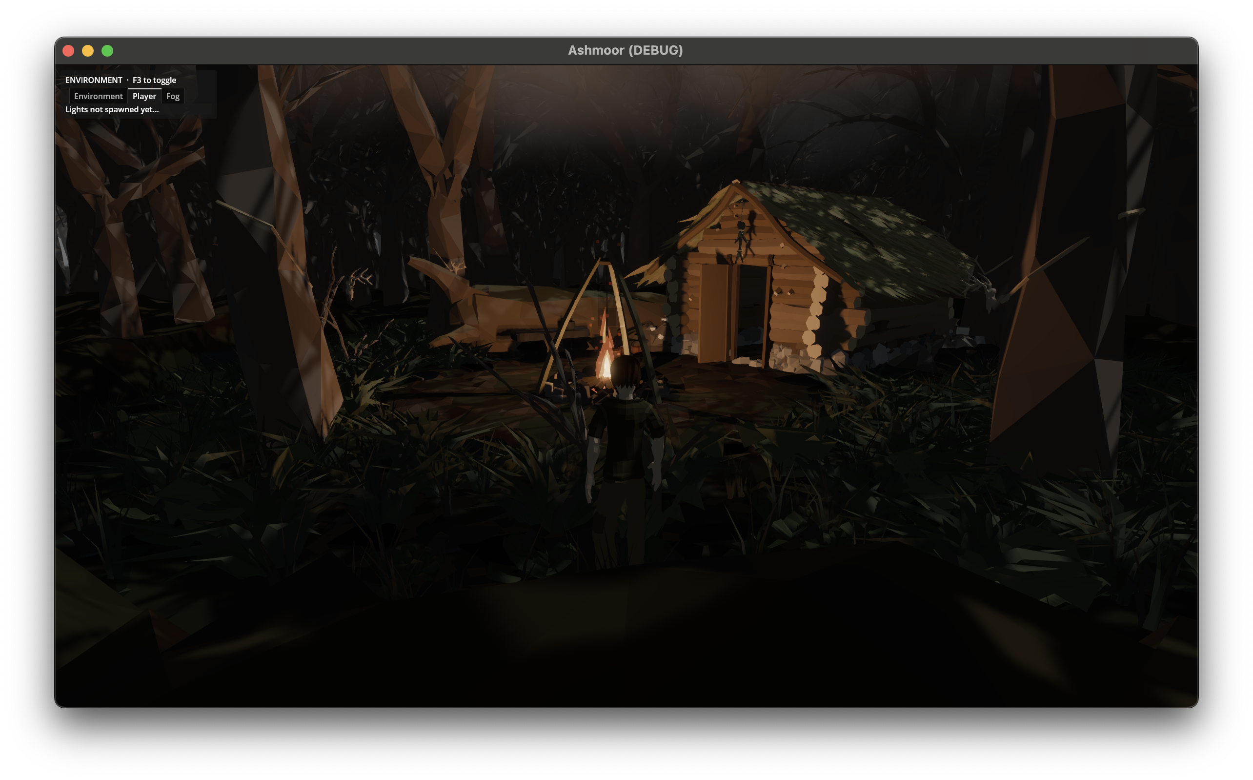 Night view in-game: the player stands at the cooking fire in front of the cabin