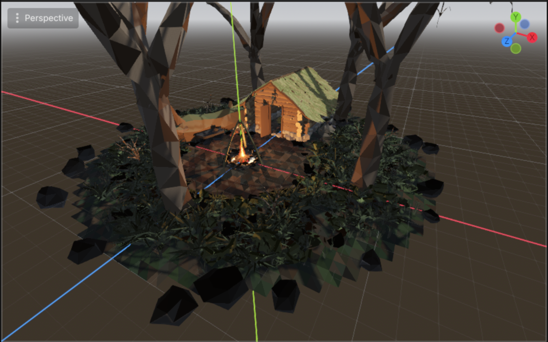 The same cabin set inside a ring of tall trees with dense scatter ground cover and dark rocks